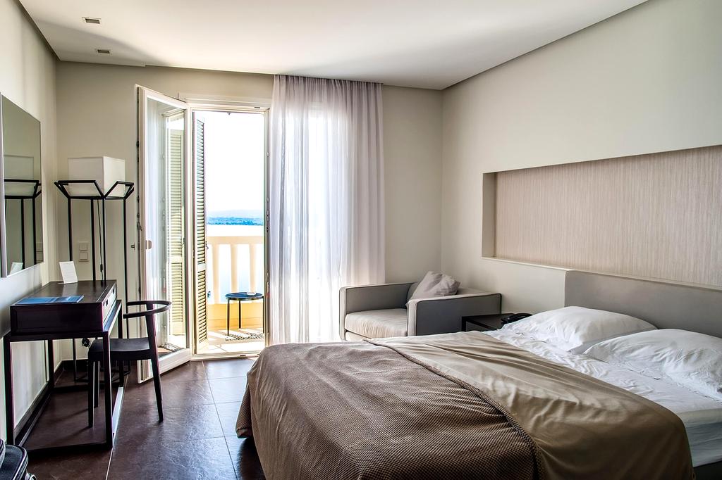Luxury hotel room interior with amenities